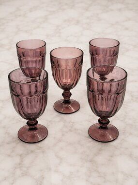 Vintage Amethyst Purple Wine Goblets | Set of 5 | Mid Century Pressed Glass 7"